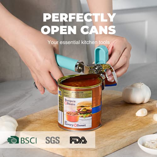  Can Opener Manual, Heavy Duty Handheld Can Opener With Stainless Steel Sharp Blade, Hand Can Opener With Ergonomic Hand Grip And Larger Turning Knob, Built In Bottle Opener(Blue)