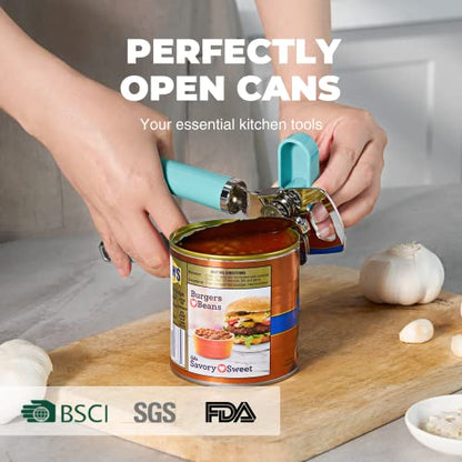  Can Opener Manual, Heavy Duty Handheld Can Opener With Stainless Steel Sharp Blade, Hand Can Opener With Ergonomic Hand Grip And Larger Turning Knob, Built In Bottle Opener(Blue)