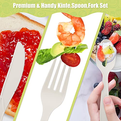  150 Count Compostable Cutlery Set, Disposable Biodegradable Utensils Eco-friendly Durable Cornstarch Flatware Includes 50 Forks, Knives & Spoons For Party, BBQ, Picnic & Potlucks (White)