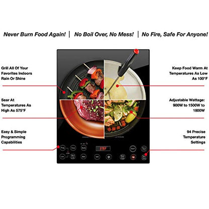  Pro Chef Induction Cooktop, Commercial-Grade, Portable, Powerful 1800W, Large 8” Heating Coil, 94 Temp Settings 100°F - 575°F In 5°F, Shatter-Proof Ceramic Glass Surface