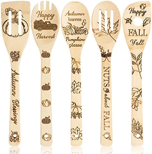  5Pcs Mothers Day Wooden Spoons Utensils Set, Non-Stick Cooking Utensils Carve Burned Bamboo Spoons Spatula Kitchen Cookware Gadget Decor Kit Mothers Day Mom Birthday Fun Gift Idea