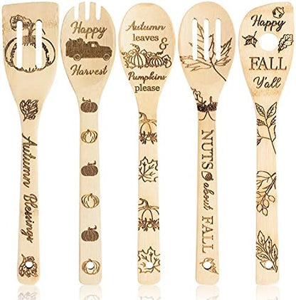  5Pcs Mothers Day Wooden Spoons Utensils Set, Non-Stick Cooking Utensils Carve Burned Bamboo Spoons Spatula Kitchen Cookware Gadget Decor Kit Mothers Day Mom Birthday Fun Gift Idea
