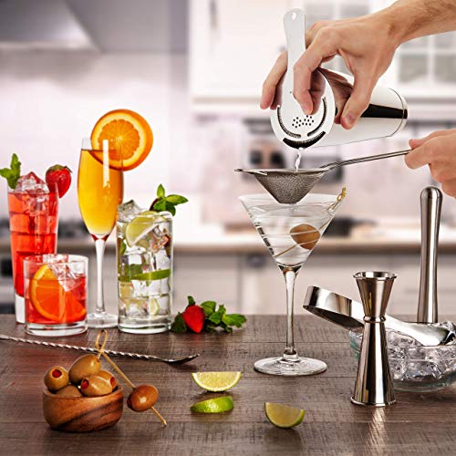  16-piece Pro Cocktail Set With Weighted Boston Shaker. Dishwasher Safe. Includes Stainless Steel Full-Service Bar Tools With Easy-Open Drink Shaker, Recipe Guide & Carry Bag