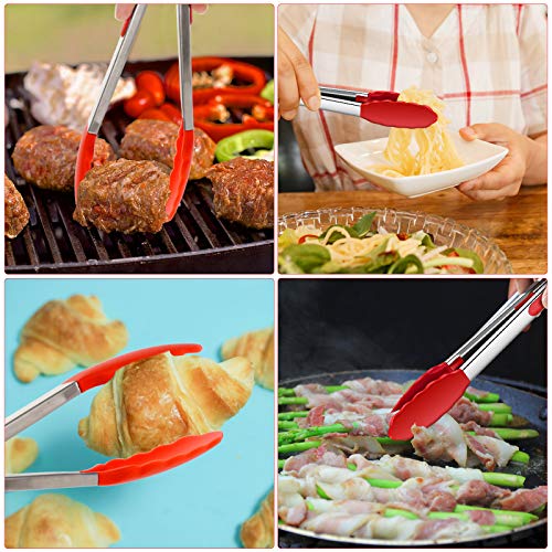  Kitchen Tongs With Silicone Tip, 12-inch ，9-inch And 7-inch Stainless-Stee Multi-functional Gripper For Cooking, Barbecue, Salad, Grilling, Frying, Set Of 3 (Red) (Red)