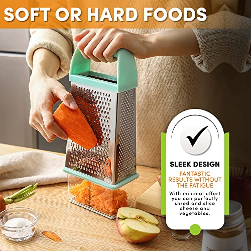  Professional Box Grater With Storage Container, Stainless Steel & Soft Grip Handle, 4 Sides, Handheld Kitchen Food Shredder Best For Parmesan Cheese, Vegetables, Ginger, 10" Mint