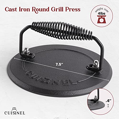  Ast Iron Skillet + Grill Press + Scraper Set - 10"-inch Pre-Seasoned Frying Pan + Silicone Handle Grip - 7" Round Burger Smasher - Indoor/Outdoor, Stove, Oven, Grill, Induction Safe Kitchen Cookware