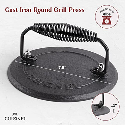  Ast Iron Skillet + Grill Press + Scraper Set - 10"-inch Pre-Seasoned Frying Pan + Silicone Handle Grip - 7" Round Burger Smasher - Indoor/Outdoor, Stove, Oven, Grill, Induction Safe Kitchen Cookware