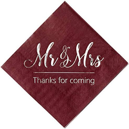  Wedding Napkins Mr Mrs Burgundy Silver Cocktail Beverage Dessert Disposable Napkins For Wedding Shower Engagement Party Decorations, Wedding Table Decor, 100 Pcs, 3-Ply