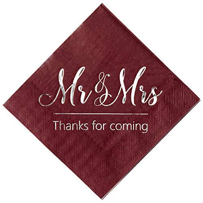 Wedding Napkins Mr Mrs Burgundy Silver Cocktail Beverage Dessert Disposable Napkins For Wedding Shower Engagement Party Decorations, Wedding Table Decor, 100 Pcs, 3-Ply