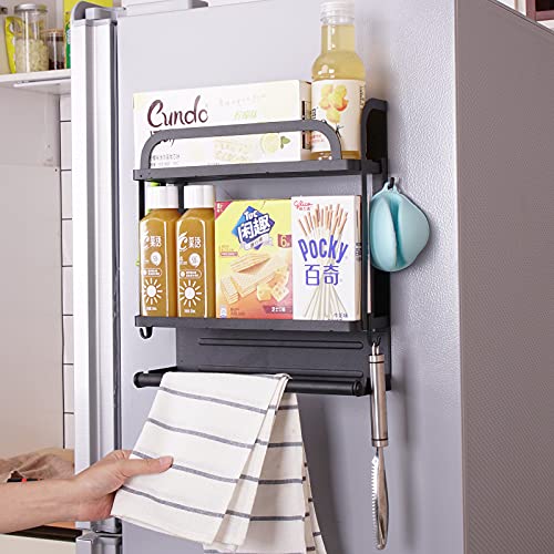  PENGKE Spice Rack Organizer 2 Tier Refrigerator Storage Shelf With Paper Towel Holder And Removable Hooks,Strong Rustproof,Black