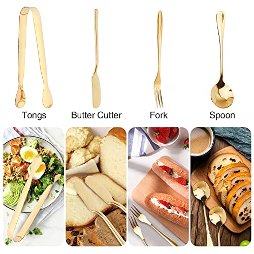 14 Pcs Cheese Spreader Set, Cheese Butter Jam Spreader Knives Set | Easy Clean, Stainless Steel Butter Knife, Mini Tongs, Serving Spoon And Fork For Cheese, Butter, Jam, Pastry(Gold)