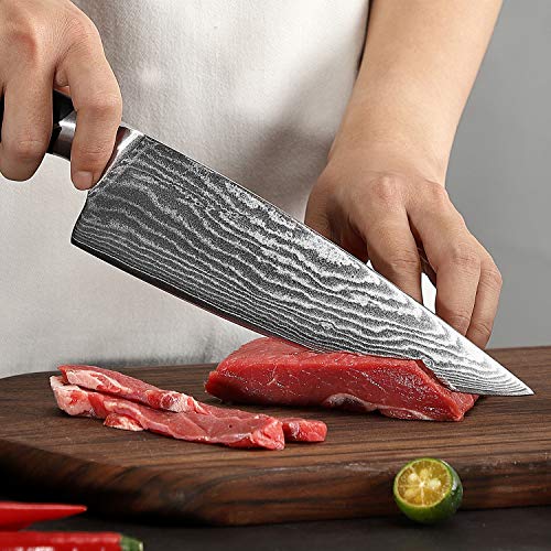  Damascus Kitchen Knife Set, XingRui Series 9 Pieces Damascus Knife Set With Block, Non-slip ABS Ergonomic Triple Rivet Handle For Chef Knives, Knife Sharpener And Kitchen Shears, Natural Wooden (Grey)