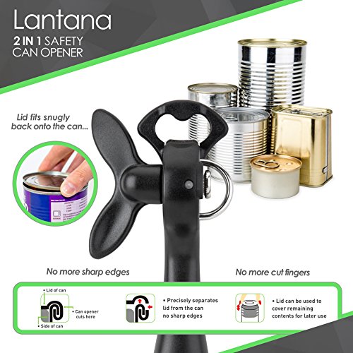  2 In 1 Safety Manual Can Opener (Smooth Edge) & Bottle Opener - Black/Stainless Steel
