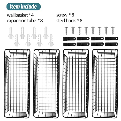  4 Set [Extra Large] Hanging Wall Basket For Storage, Wall Mount Sturdy Steel Wire Baskets, Metal Hang Cabinet Bin Wall Shelves, Rustic Farmhouse Decor, Kitchen Bathroom Organizer, Black