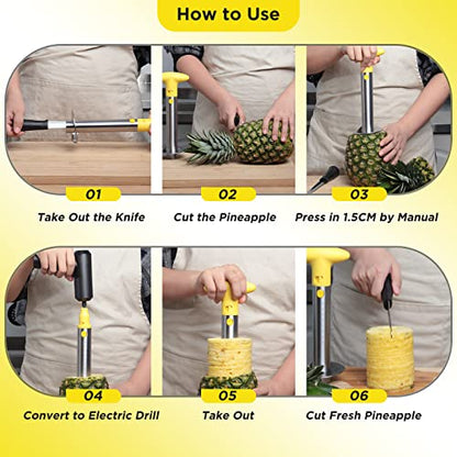  Pineapple Cutter With Knife, [Upgraded, Electric & Manual] Durable Pineapple Corer With Electric Drill Accessory, Stainless Steel Fruit Peeler Knife Pineapple Slicer Core Remover Kitchen Tool