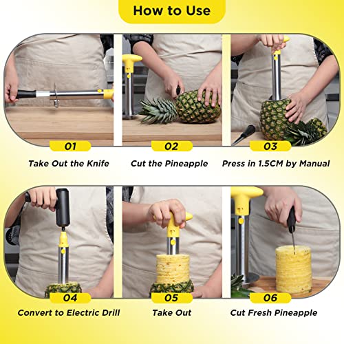  Pineapple Cutter With Knife, [Upgraded, Electric & Manual] Durable Pineapple Corer With Electric Drill Accessory, Stainless Steel Fruit Peeler Knife Pineapple Slicer Core Remover Kitchen Tool