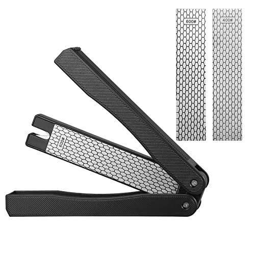  Portable Handheld Double Sided Sharpener 400/600 Grit Foldable Diamond Knife Sharpening Stone For Kitchen, Garden, Outdoor Tools Fine Or Coarse Grinding, Black