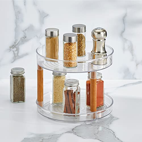  By Nate Berkus 2-Tier Plastic 9-Inch Turntable Organizer With Ash Wood Accents | For Kitchen Cabinet, Countertop, Or Pantry Organizing From MDesign - Set Of 2, Clear/Natural