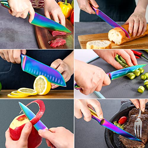  Rainbow Knife Set 14 Pieces, Iridescent German Stainless Steel Kitchen Knives Set With Wooden Block, Colorful Titanium Coating, Chef’s Knife Block Set With Scissors And Built-in Sharpener