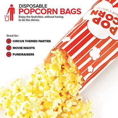  2 Oz Paper Popcorn Bags Bulk (100 Pack) Large Red & White Pop-corn Bag Disposable For Carnival Themed Party, Movie Night, Halloween, Popcorn Machine Accessories & Supplies, Individual Servings