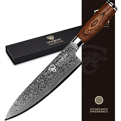  Damascus Chef's Knife 8 Inch Professional Handmade Damascus Stainless Steel Kitchen Knife, Superb Edge Retention, Stain & Corrosion Resistant, Ergonomic PAKKA Wood Handle