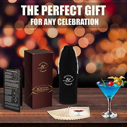  16-piece Pro Cocktail Set With Weighted Boston Shaker. Dishwasher Safe. Includes Stainless Steel Full-Service Bar Tools With Easy-Open Drink Shaker, Recipe Guide & Carry Bag