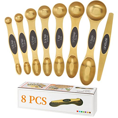  Magnetic Measuring Spoons Set, Stainless Steel, Dual Sided, Stackable, Dual Sided For Measuring Dry And Liquid Ingredients, Fits In Spice Jars, Set Of 8（Gold ）