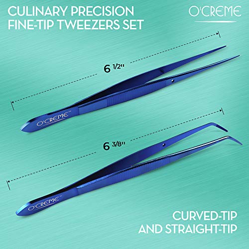  Reme Blue Stainless Steel Precision Kitchen Culinary Fine-Tip Tweezer Tongs, 1 With Curved Tip And 1 With Straight Tip