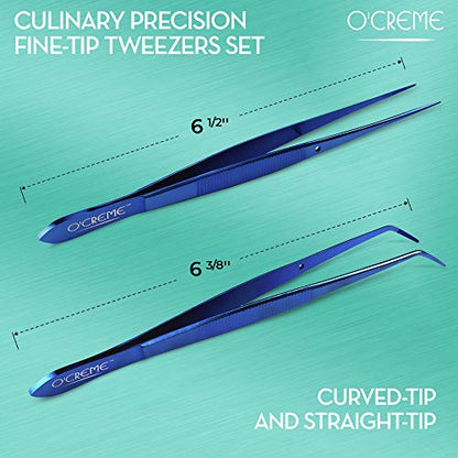  Reme Blue Stainless Steel Precision Kitchen Culinary Fine-Tip Tweezer Tongs, 1 With Curved Tip And 1 With Straight Tip