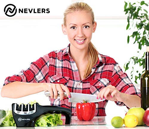  3 In 1 Kitchen Knife Sharpener With Cut Resistant Gloves | Knife Sharpeners For Kitchen Knives Preps, Repairs, Sharpens | Blade Sharpener With Diamond, Ceramic & Tungsten Steel Slots (Black)