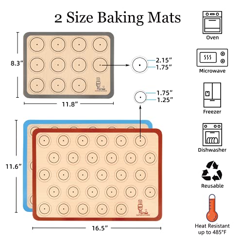  Baking Mat Macaron - Set Of 3 (2 Half Sheet Liners And 1 Quarter Sheet), Non Stick Silicon Cookie Oven Liner For Macaroons, Bake Pans, Pizza, Toaster, Cake And Bread Making (Red,Blue,Gray)