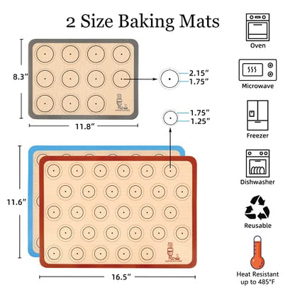  Baking Mat Macaron - Set Of 3 (2 Half Sheet Liners And 1 Quarter Sheet), Non Stick Silicon Cookie Oven Liner For Macaroons, Bake Pans, Pizza, Toaster, Cake And Bread Making (Red,Blue,Gray)