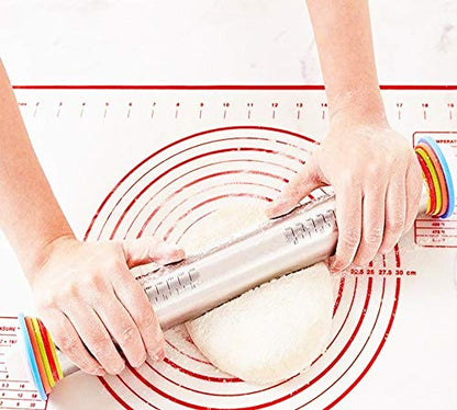  Rolling Pin Nonstick And Silicone Baking Pastry Mat Combo Kit, Adjustable Rolling Pin With Thickness Rings, Rolling Pin For Baking Fondant, Pizza, Pie, Pastry, Pasta, Dough, Cookies (red)