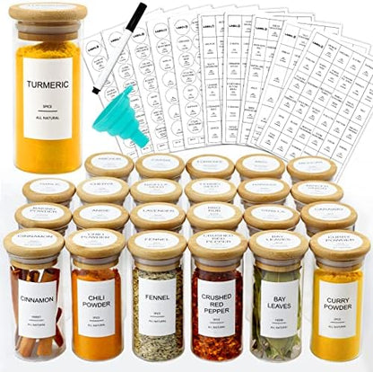  24 Pcs Glass Spice Jars With Bamboo Airtight Lids And 398 Labels, 4oz Empty Square Containers Seasoning Storage Bottles - Shaker Lids, Funnel, Brush And Marker Included