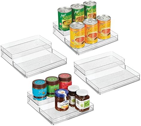  Plastic Kitchen Food Storage Organizer Shelves, Spice Rack Holder For Cabinet, Cupboard, Countertop, Pantry - Holds Jars, Baking Supplies, Canned Food - 2 Levels - 4 Pack - Clear