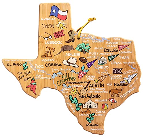  Exas State Shaped Cutting Board And Charcuterie Serving Platter With Artwork By Fish Kiss, Includes Hang Tie For Wall Display