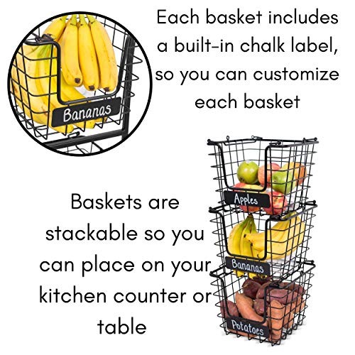  IRDROCK HOME 3-Tier Wire Market Basket Stand With Chalk Label - Snack Fruit Vegetable Produce Metal Hanging Storage Bin For Kitchen Pantry - Free-Standing Or Stacking Organizer - Black