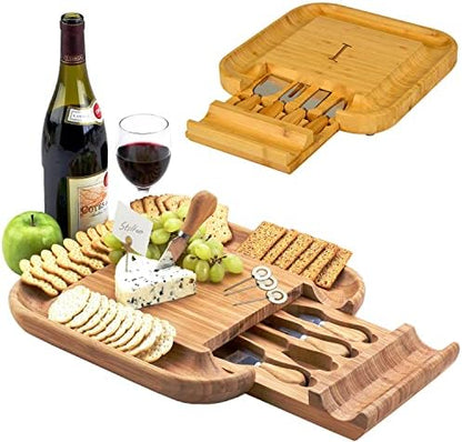  Ersonalized Monogrammed Engraved Bamboo Cutting Board For Cheese & Charcuterie With Knife Set & Cheese Markers- Designed & Quality Checked In USA