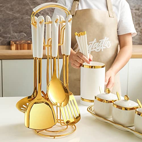  Stainless Steel Kitchenware Seven Pieces Set (White Gold).Cooking Utensils 7 Pcs Set With Hanging Shelf .Include Slotted Spoon, Slotted Spatula, Large Spoon, Soup Ladle, Spatula, Pasta Spoon.