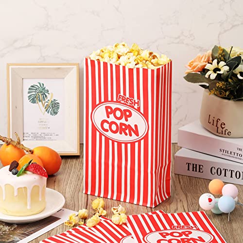  200 Pieces Paper Popcorn Bags 2 Oz Disposable Individual Servings Container Flat Bottom Vintage For Machine Movie Night Party Theaters Carnivals, Red And White Striped