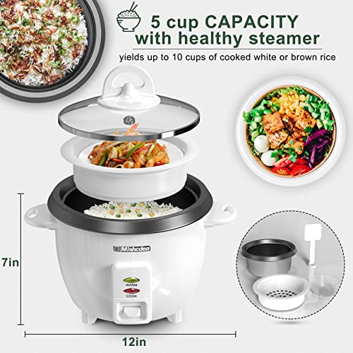  Rice Cooker 5 Cups Uncooked (10 Cooked) & Steam Tray, Portable Small Food Steamer, Removable Non-stick Pot, Keep Warm, For Grains, Soups, Oatmeal Or Veggies - White