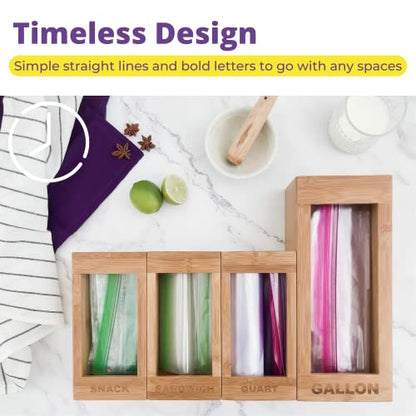  Food Storage Bags Holders – Premium Bamboo Kitchen Drawer Plastic Bag Organizer Dispenser Home Organization Compatible With Gallon, Quart, Sandwich & Snack Variety Size Bags (4 Piece Set)