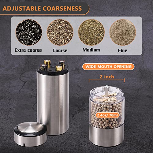  Electric Salt And Pepper Grinder Set Battery Operated| Stainless Steel Auto Pepper Mill Grinder Refillable| One Hand Operation| LED Light| Adjustable Coarseness| 2 Pack