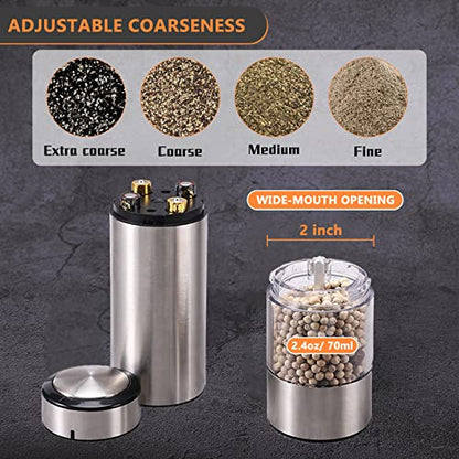  Electric Salt And Pepper Grinder Set Battery Operated| Stainless Steel Auto Pepper Mill Grinder Refillable| One Hand Operation| LED Light| Adjustable Coarseness| 2 Pack