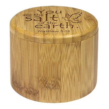  Salt Cellar Bamboo Storage Box With Magnetic Swivel Lid, 6 Ounce Capacity, You Are The Salt Of The Earth Matthew 5:13 Engraved On Lid