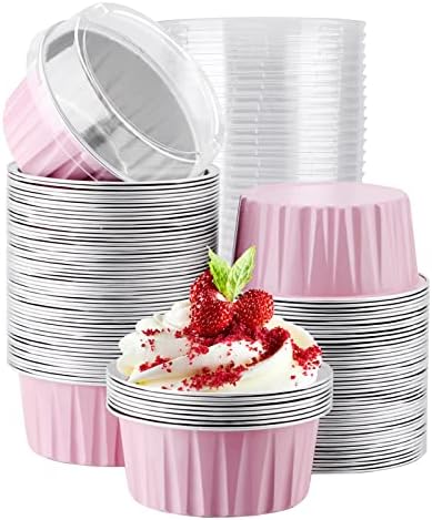  Disposable Ramekins, Gold 50pcs 5oz Mini Aluminium Foil Baking Cups With Lids Creme Brulee Cupcake Liners, Desert Cheesecake Pans Flan Molds Tin Cups Containers For Party Favor Birthday