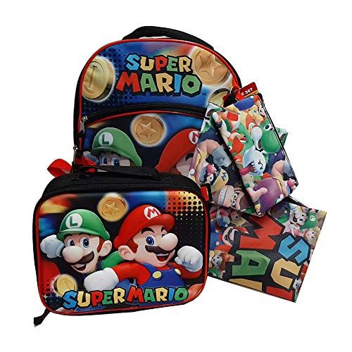  Super Mario 5-Piece Backpack Set With Lunch Box, Gadget Case, Cinch Sack & Snack Pack