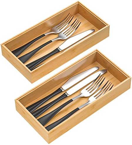  Bamboo Drawer Organizer, Stackable Utensil Organizer For Kitchen, Bamboo Storage Box Wood Silverware Tray For Drawer 15" X 6" X 2" Set Of 2