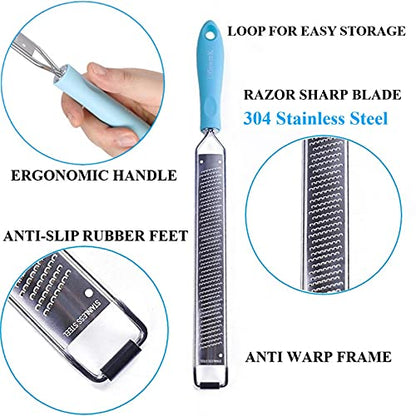  Lemon Zester Cheese Grater Longer Razor Sharp Stainless Steel Blade With Protective Cover Great For Lemon Parmesan Cheese Chocolate Nutmeg Garlic Ginger(Blue)