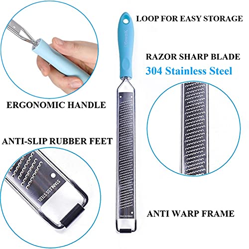  Lemon Zester Cheese Grater Longer Razor Sharp Stainless Steel Blade With Protective Cover Great For Lemon Parmesan Cheese Chocolate Nutmeg Garlic Ginger(Blue)